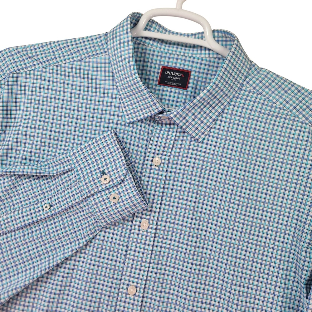 UNTUCKit Lopez-Perf Button Up Shirt Men XXXL Tall Tre Fit Blue Plaid Performance